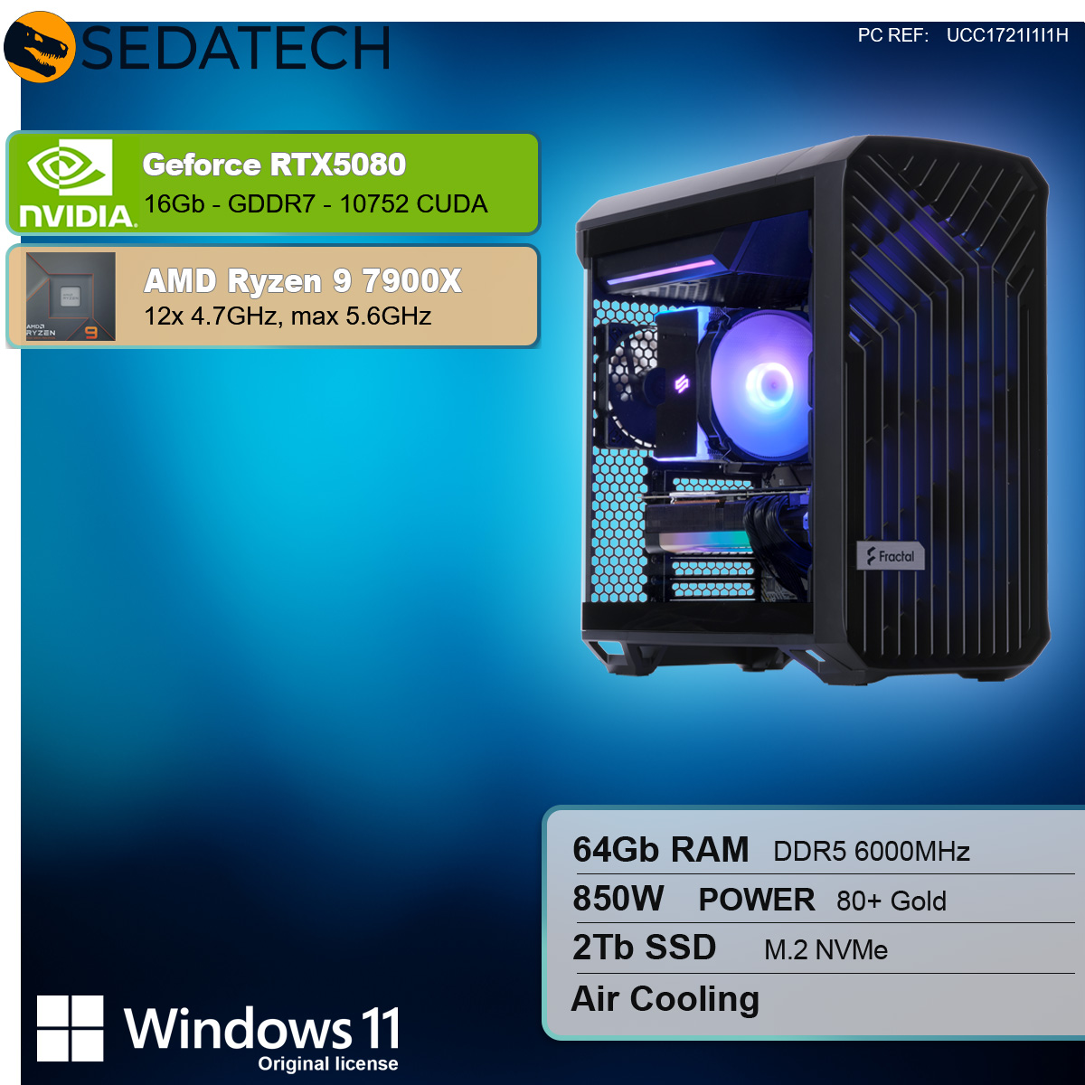 Un case per computer nero con componenti all'interno, con informazioni sulle specifiche del computer.