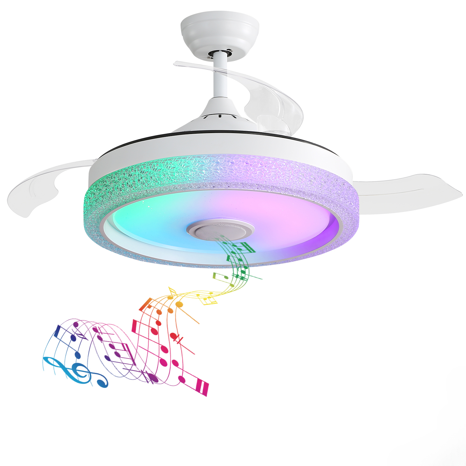 Weißer Deckenventilator mit LED-Beleuchtung und Noten auf weißem Hintergrund.