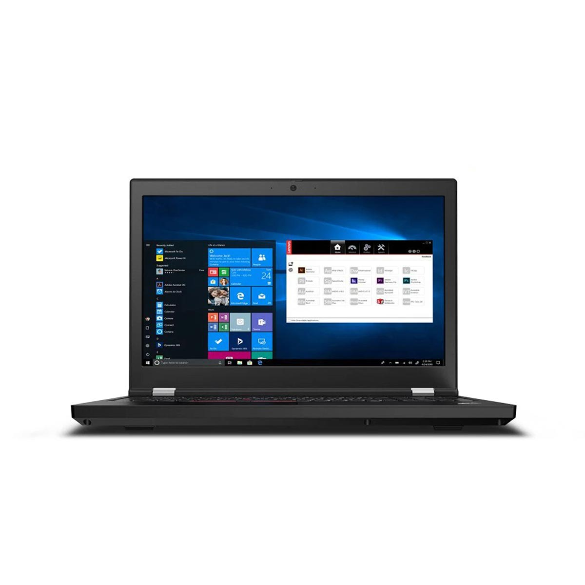Czarny laptop otwarty, pokazujący interfejs Windows 10. Białe tło.