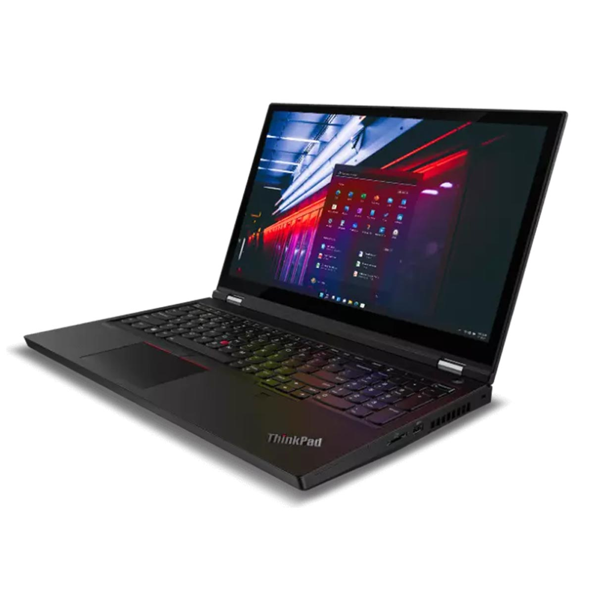 Czarny laptop ThinkPad z ekranem wyświetlającym kolorowy interfejs. Laptop jest otwarty na białej powierzchni.