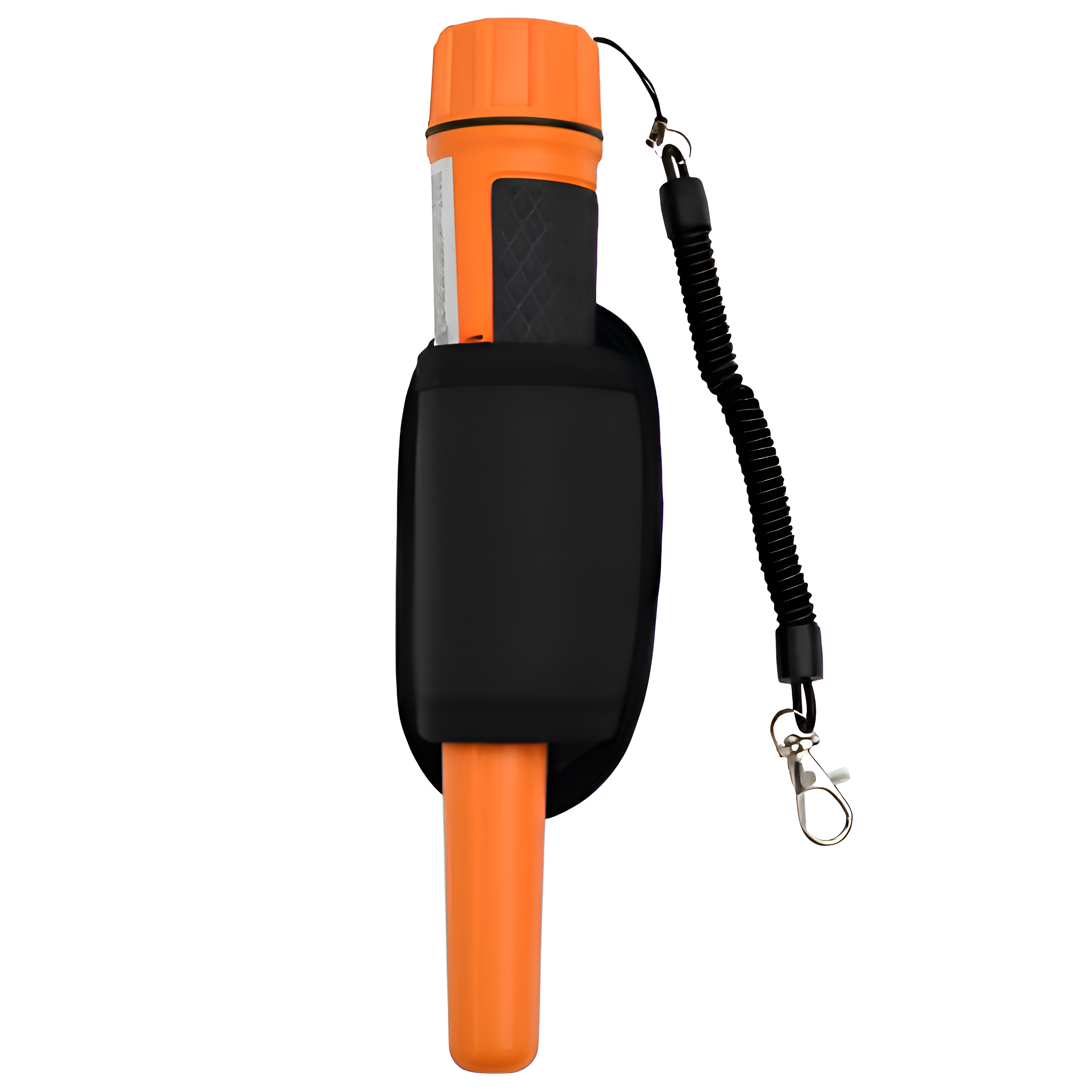 Orangener Metalldetektor mit schwarzem Holster und Umhängeband.