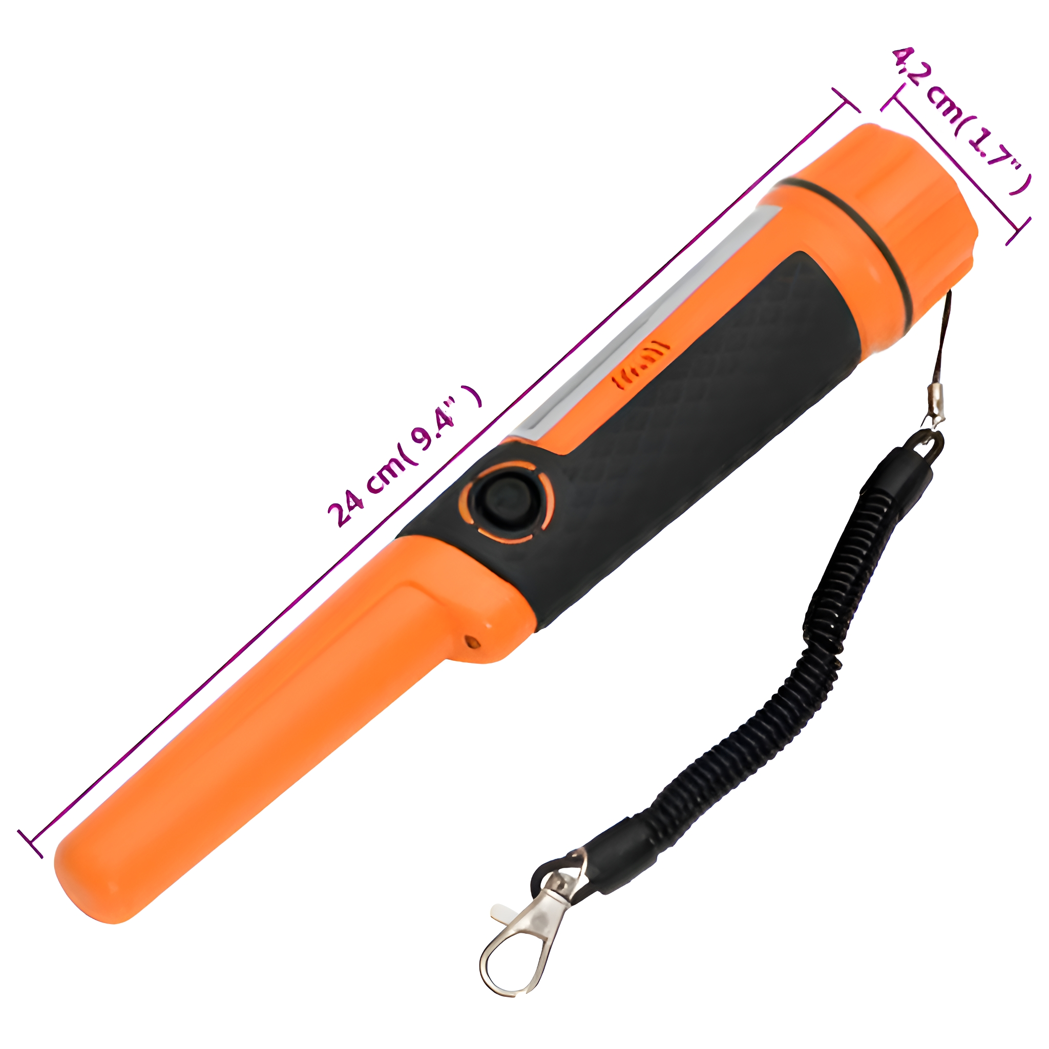 Ein orangefarbener Metalldetektor mit Maßangaben und einem schwarzen Spiralkabel.