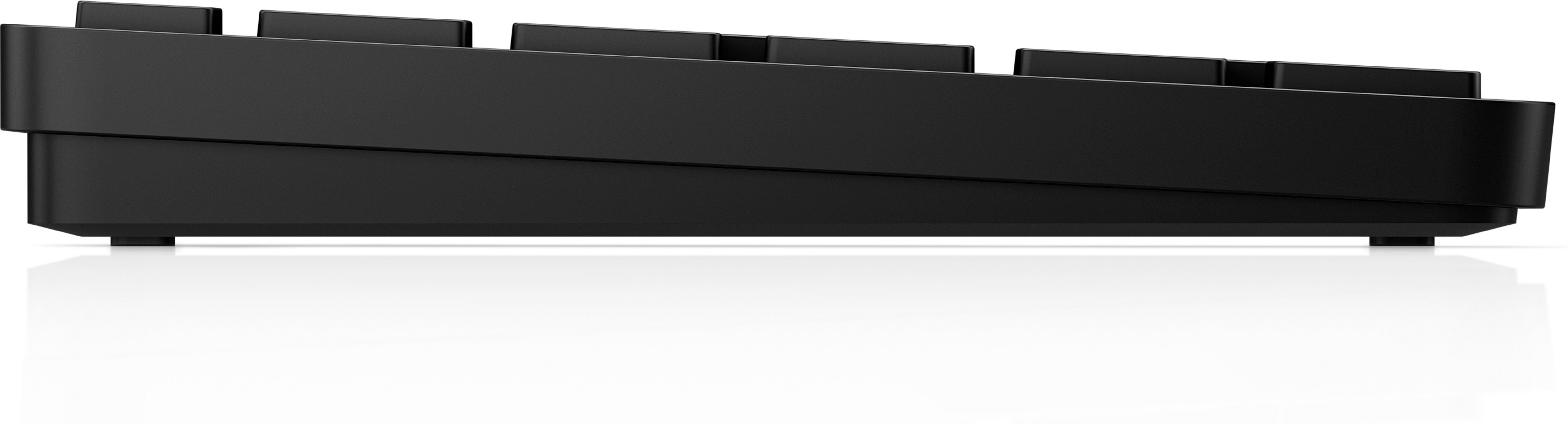 Widok z boku czarnej klawiatury, pokazujący klawisze i obudowę. Klawisze są czarne, a obudowa również czarna.