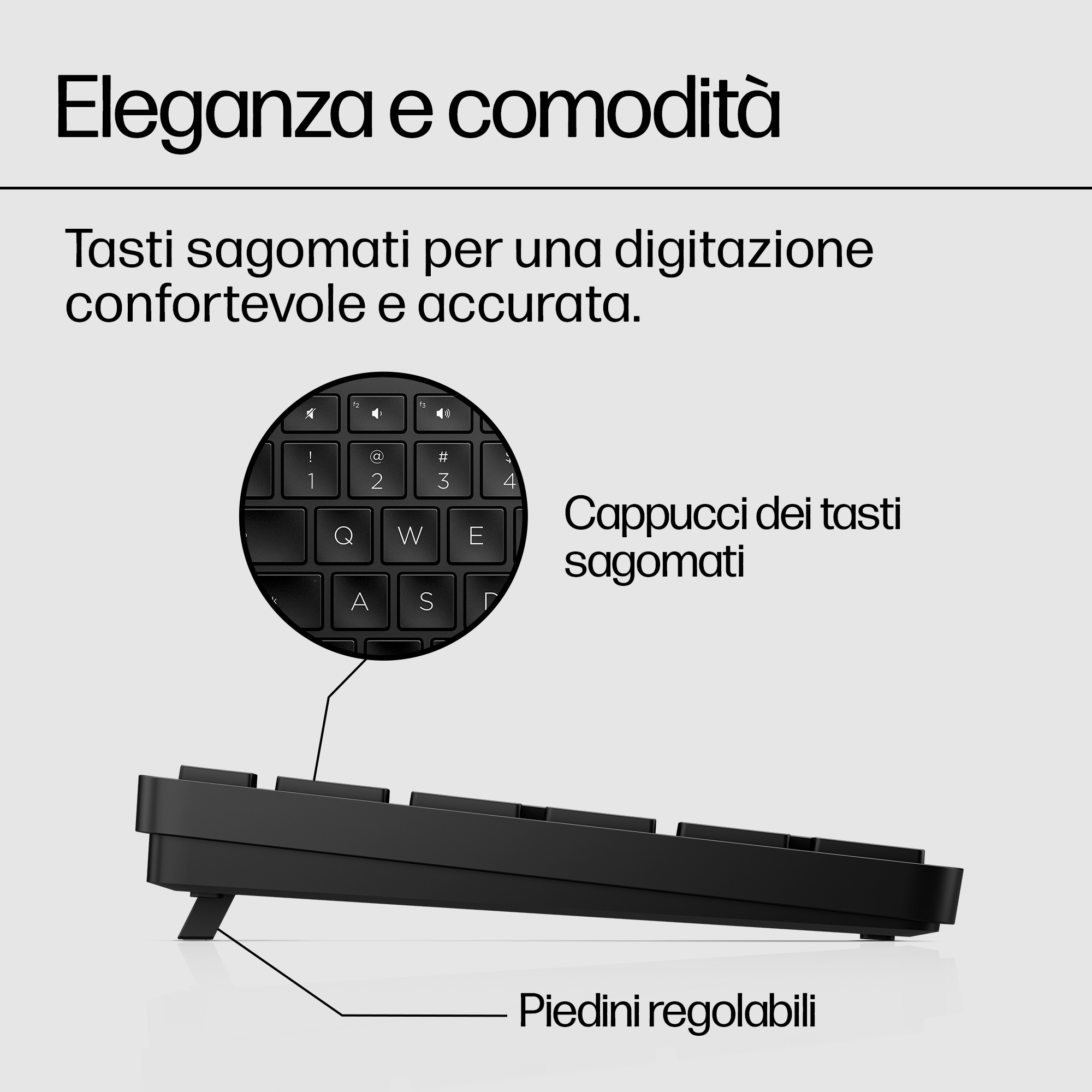 Zbliżenie czarnej klawiatury z regulowanymi nóżkami.