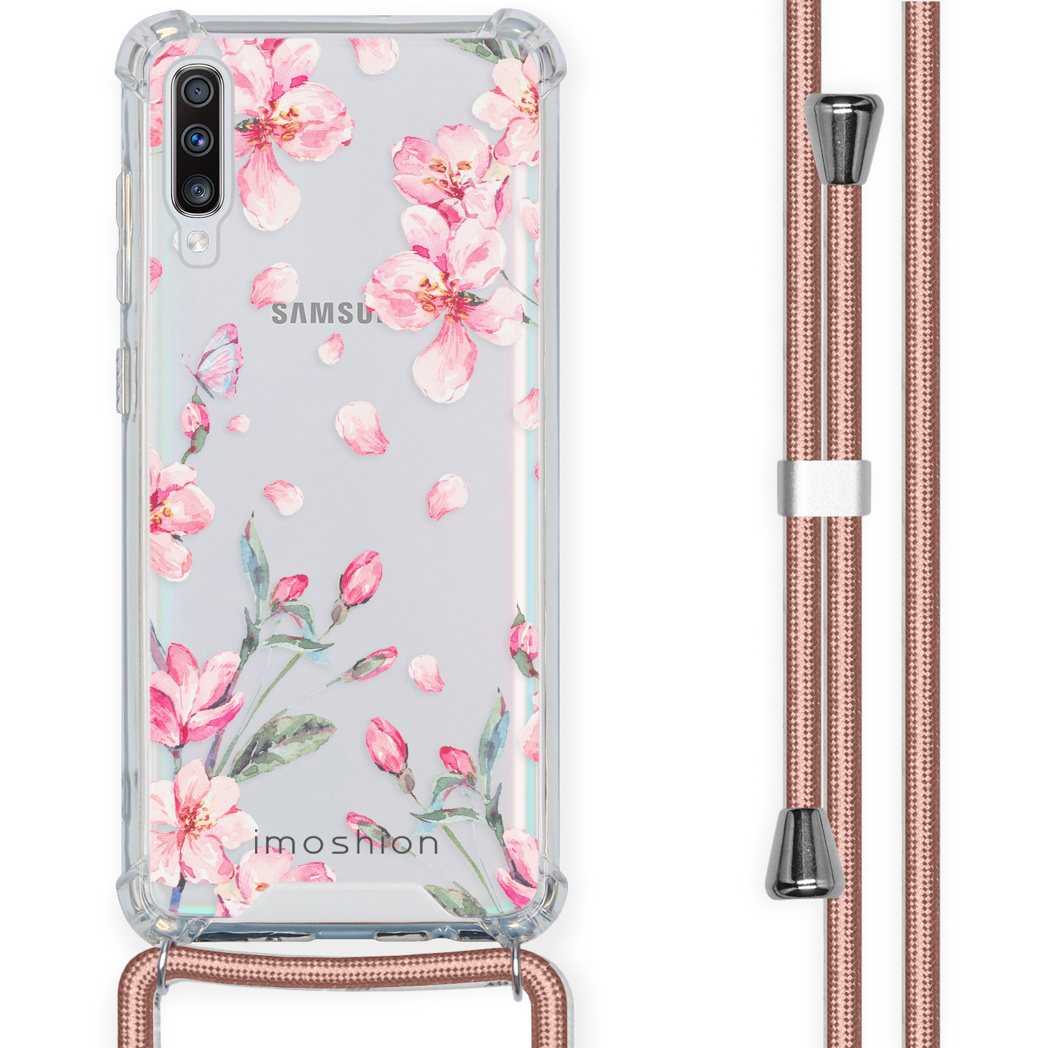 Coque transparente avec motif floral rose et cordon rose. Protection d'angle.