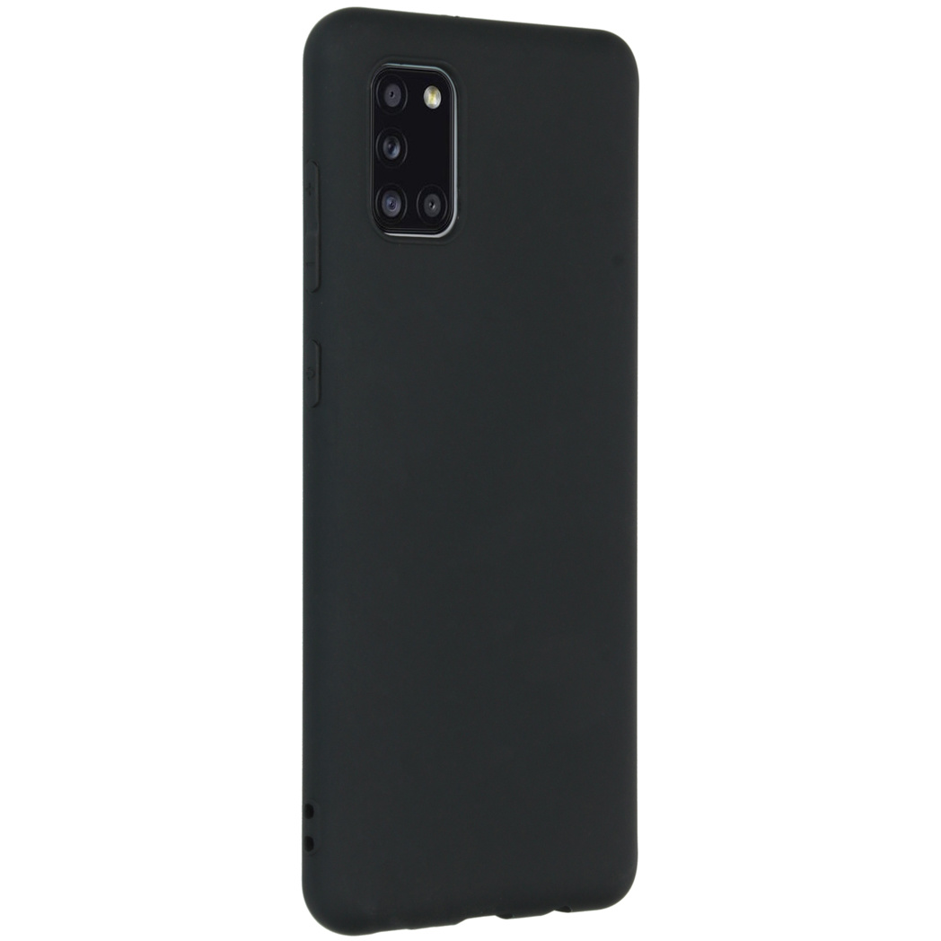 Zwarte telefoonhoes met een camera en knoppen. De hoes zit om de telefoon.