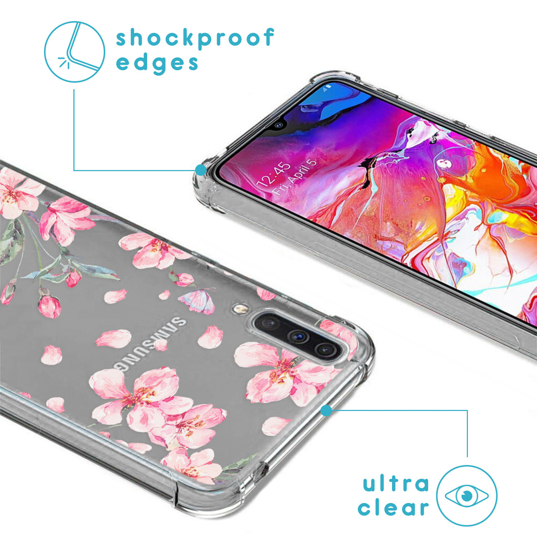 Coque de téléphone avec des fleurs roses et un téléphone à l'intérieur. Bords antichoc et ultra clair.