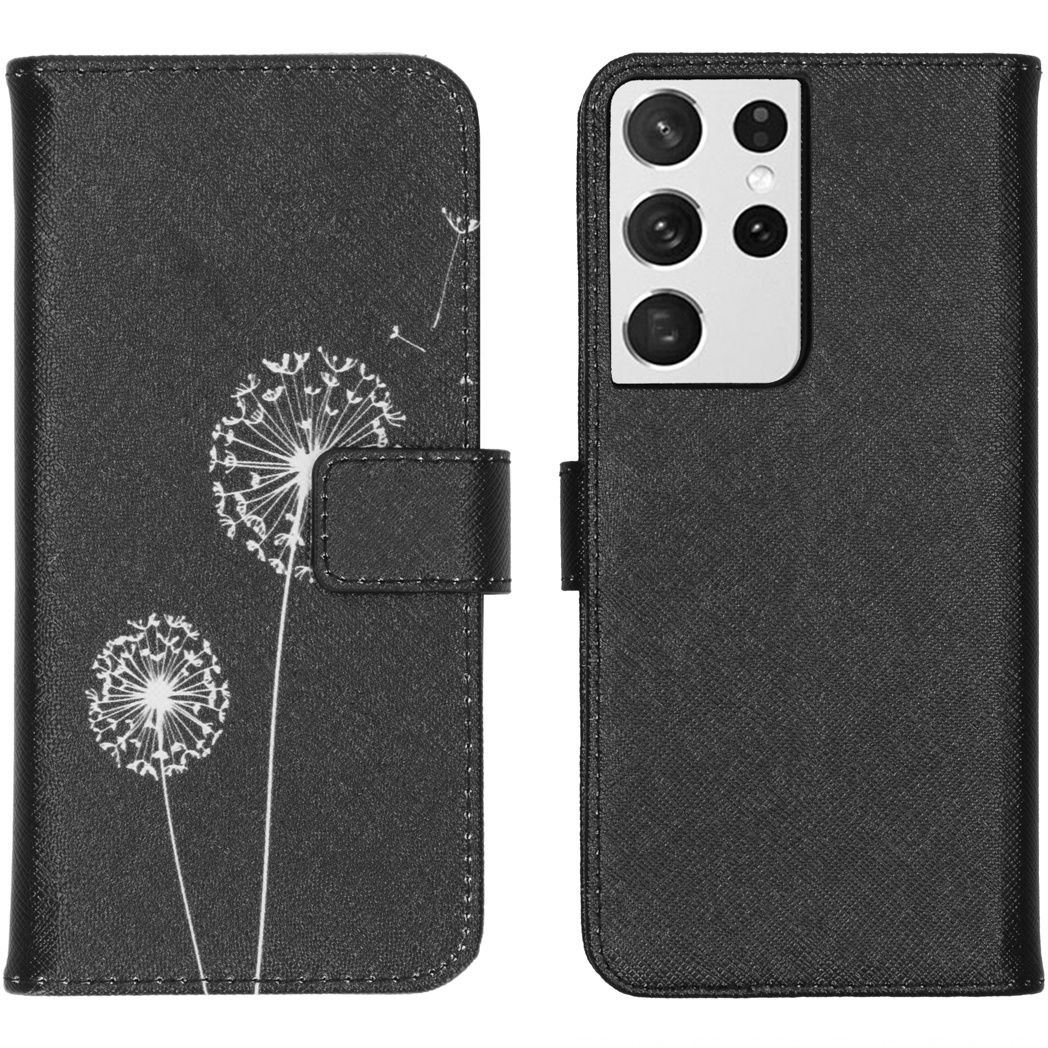 Zwarte telefoonhoes met paardenbloemprints. Open, met telefoon met camera's. Magnetische sluiting zichtbaar.