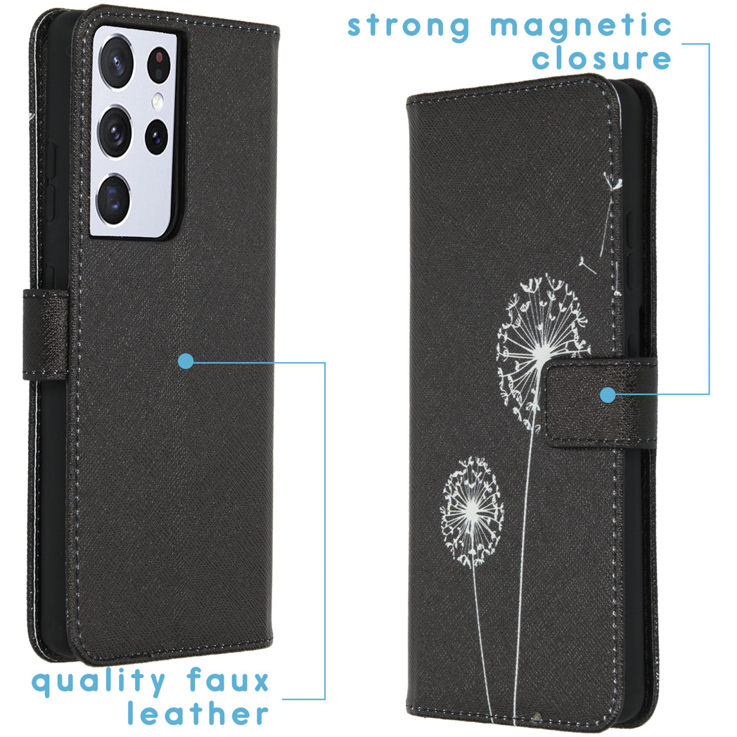 Een zwart telefoonhoesje met een paardenbloemontwerp is open. Illustraties: sterke magnetische sluiting, kwaliteitsleer.