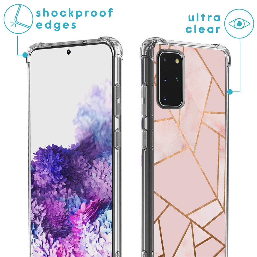 Coque transparente avec bords antichoc. Téléphone avec motif géométrique rose. Étiquettes de texte indiquent fonctionnalités.