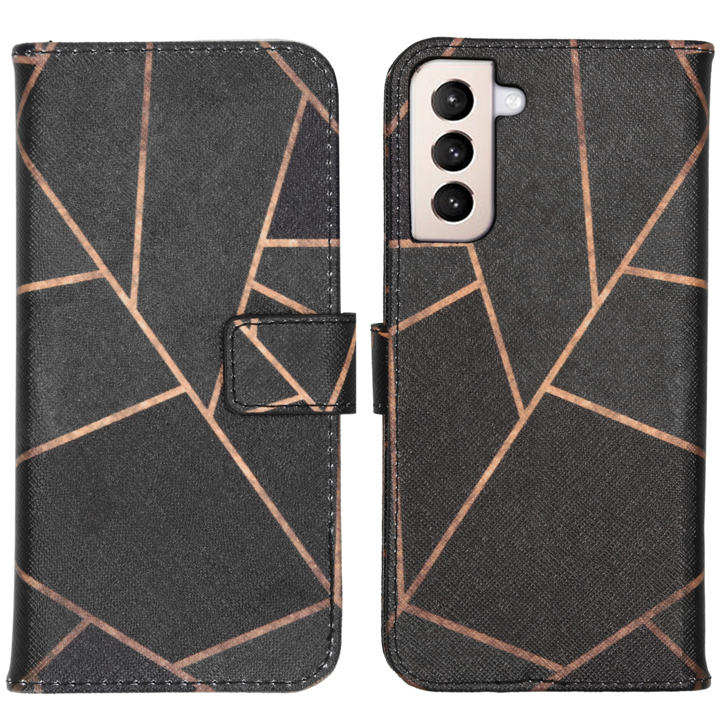 Étui de téléphone noir ouvert avec un motif géométrique doré. Le téléphone est visible.