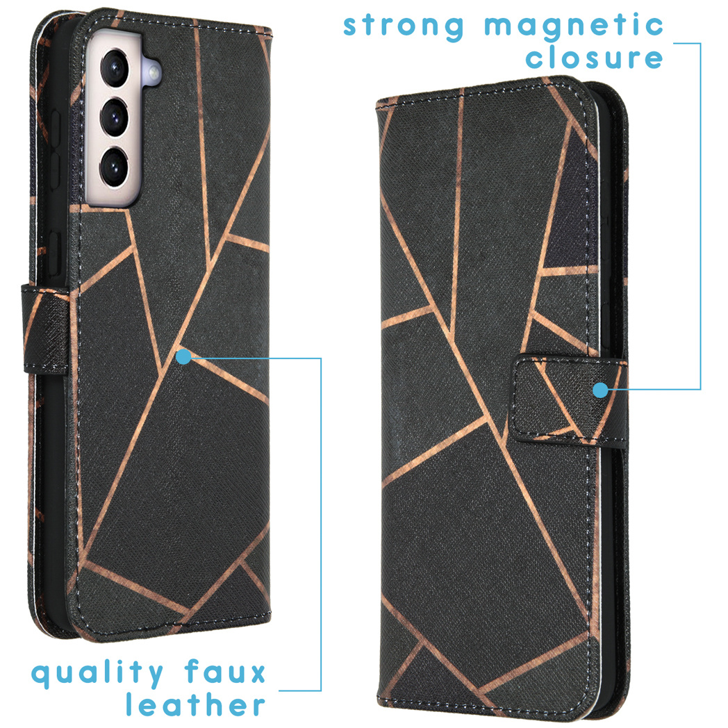 Coque noire avec motif géométrique et fermeture magnétique solide, en similicuir de qualité.