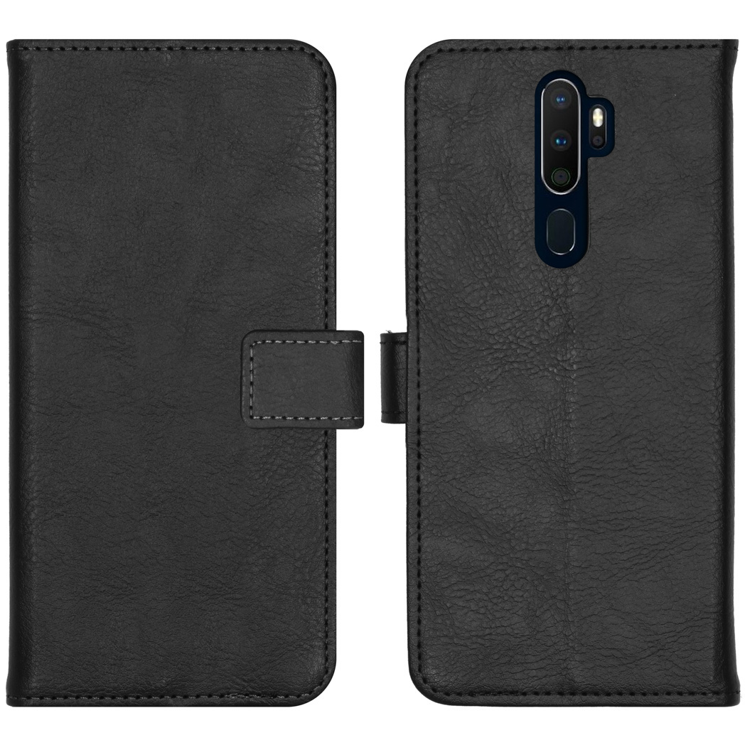 Open zwarte telefoonhoes met een telefoon erin, beide kanten van de hoes worden getoond.