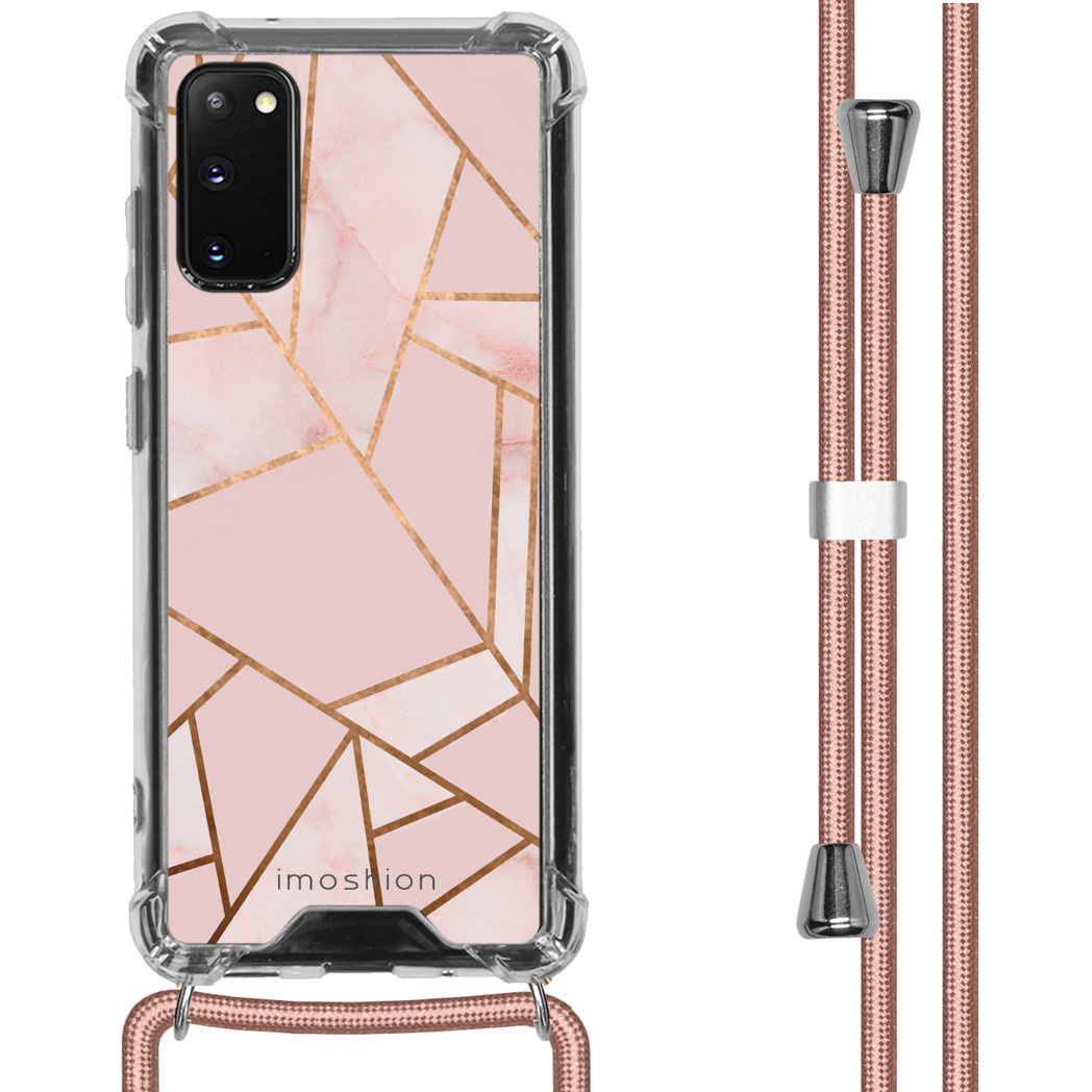 Coque transparente avec motif géométrique rose et or et cordon rose. Bords renforcés.