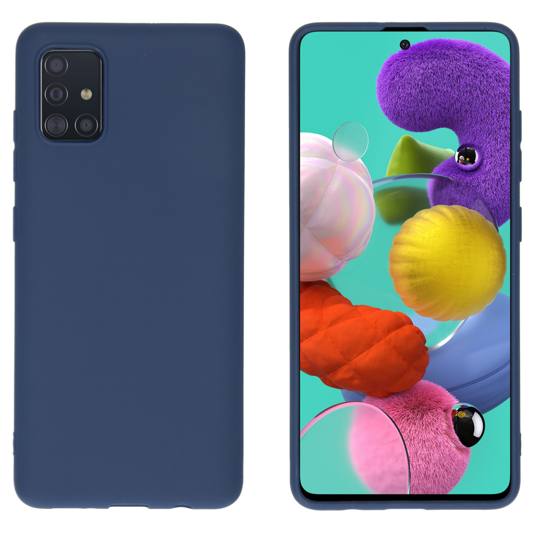 Donkerblauwe telefoonhoes. Links de achterkant van een telefoon. Rechts het scherm.