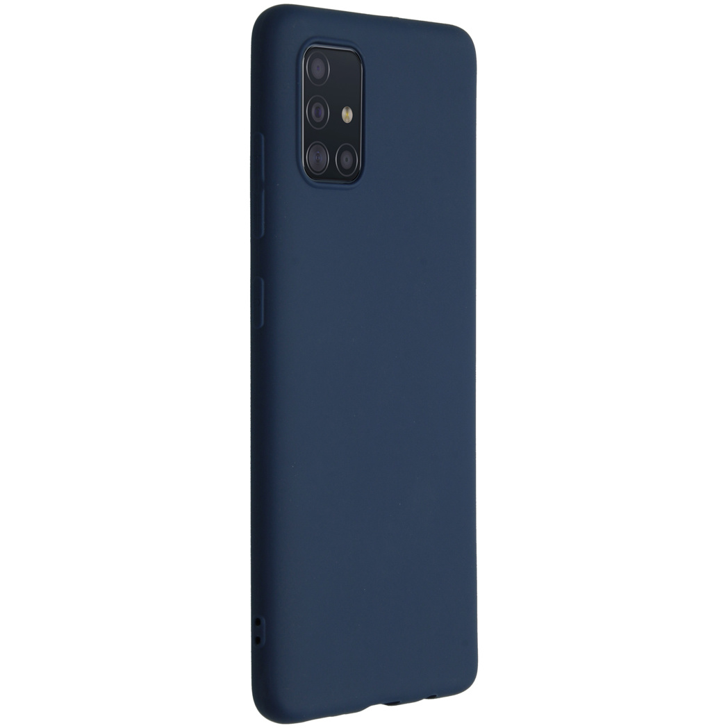 Een donkerblauwe telefoonhoes met een camera en knoppen. De hoes zit om de telefoon.