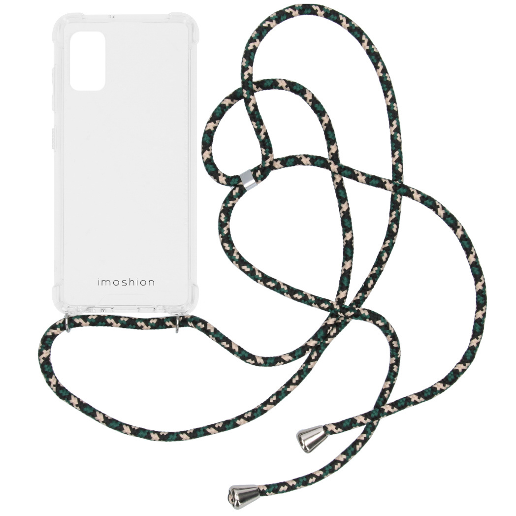 Transparante telefoonhoes met een kleurrijke touwriem. De riem is groen en zwart.
