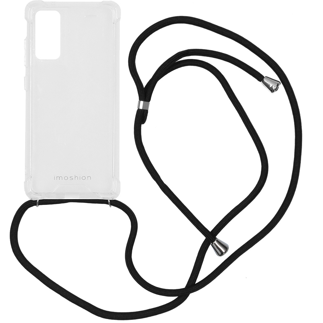 Transparante telefoonhoes met zwarte riem, witte achtergrond.