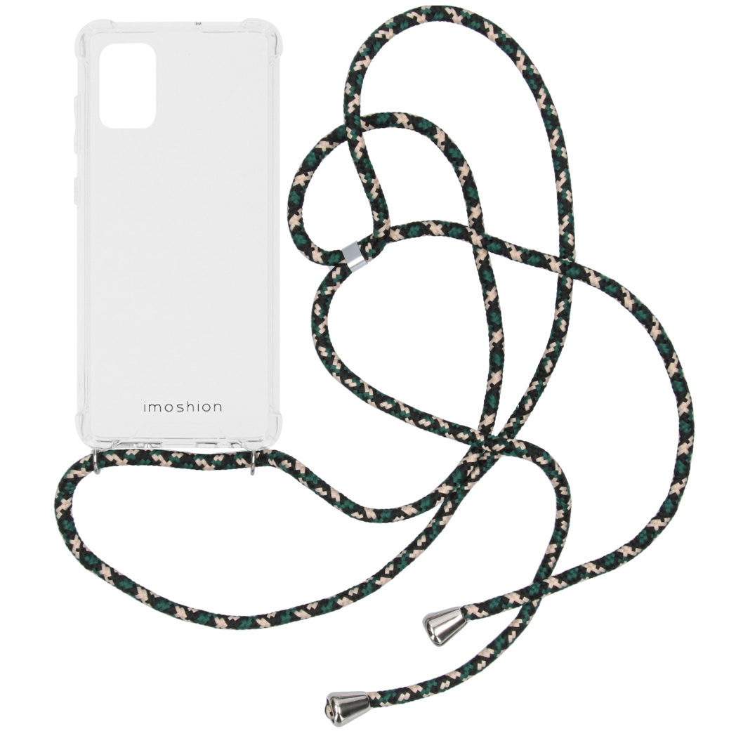 Transparante telefoonhoes met een groen-zwart patroon koord en een telefoon.