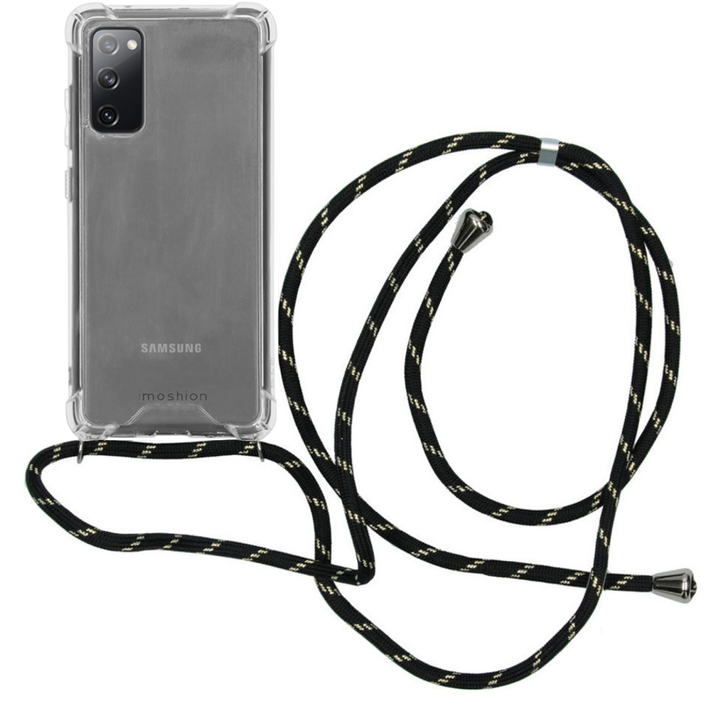 Coque de téléphone transparente avec une sangle en corde noire et dorée. Le téléphone est transparent.