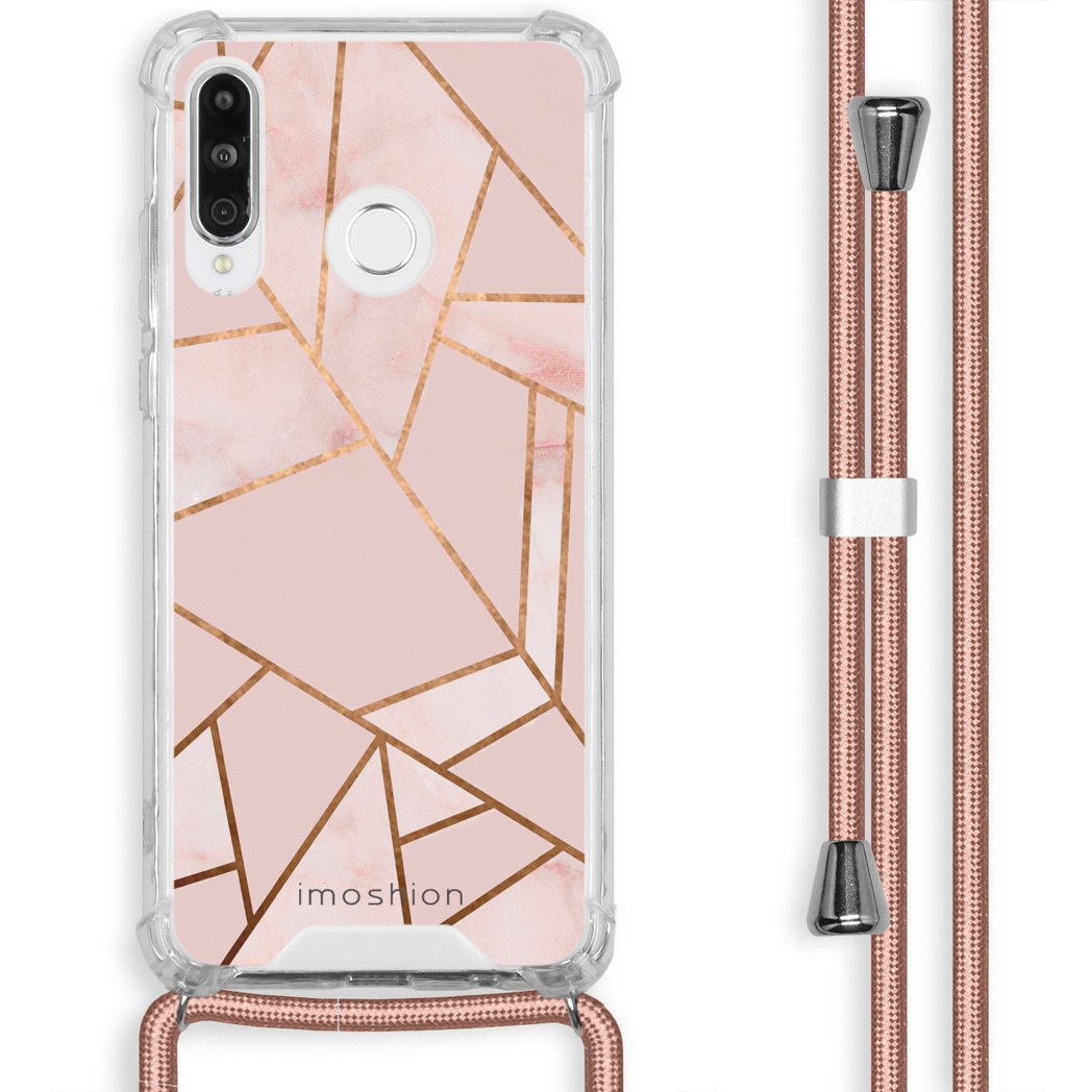 Roze telefoonhoesje met een geometrisch gouden ontwerp en een bijpassende riem.