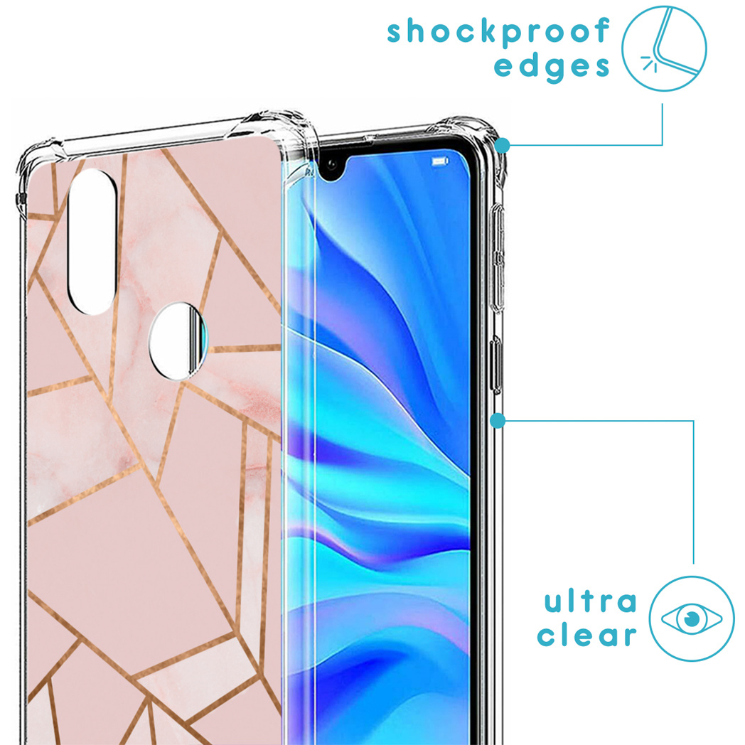 Telefoonhoes met een roze geometrisch patroon. Transparante hoes met schokbestendige randen. Tekstlabels.