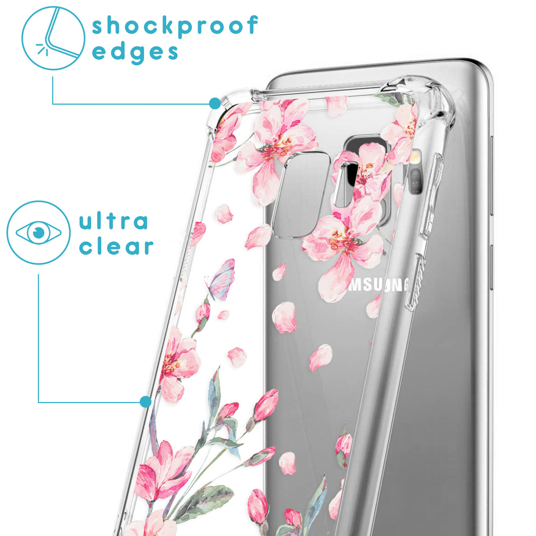 Coque transparente avec motif floral rose sur un téléphone. Texte : bords antichoc, ultra clair.