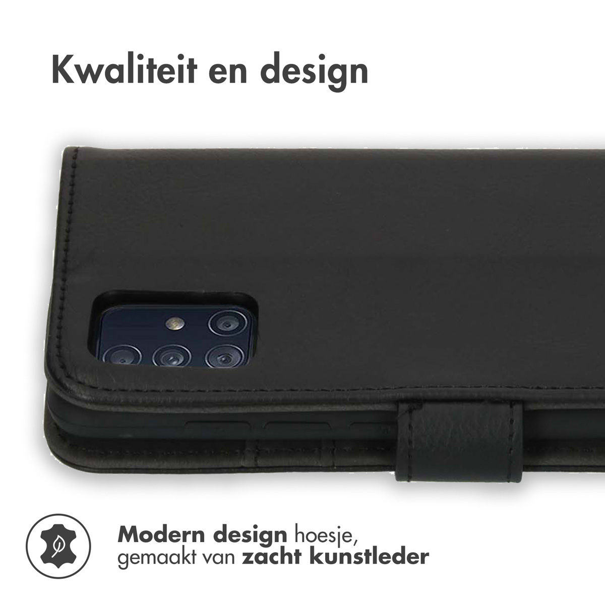 Zwarte telefoonhoes met telefoon, klep en magnetische sluiting. Nederlandse tekst.