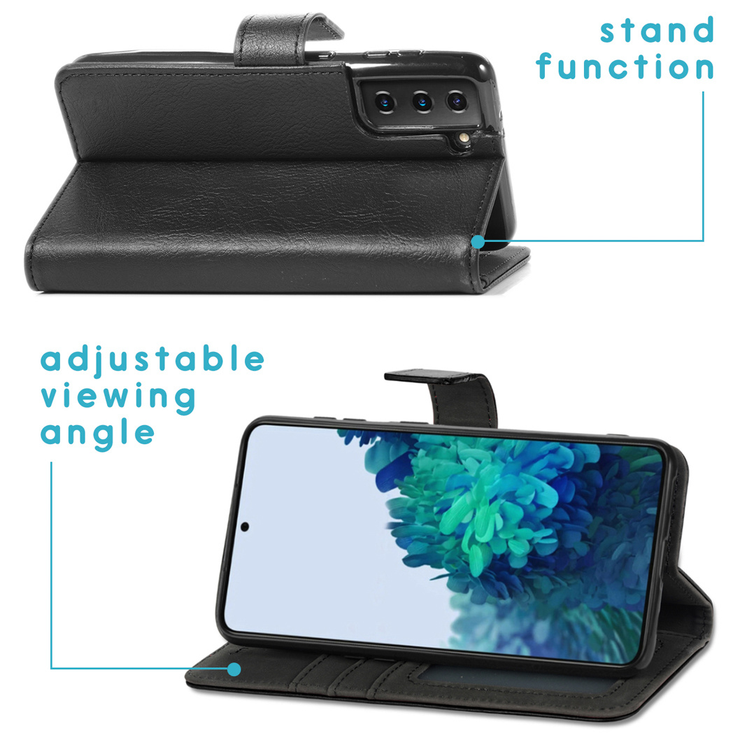 Zwarte telefoonhoes in standpositie. Hoes toont telefoonscherm. Label voor instelbare kijkhoek.