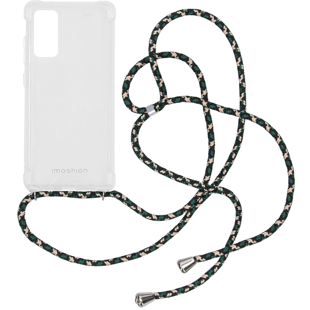 Coque de téléphone transparente avec une sangle en corde verte et noire. Le téléphone est transparent.