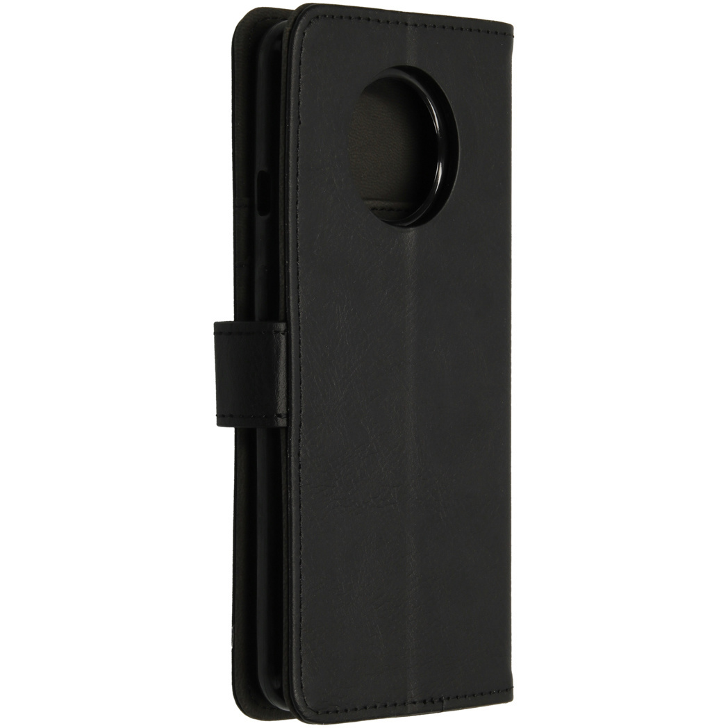 Black phone case open, showing the inside of the phone and the back.
