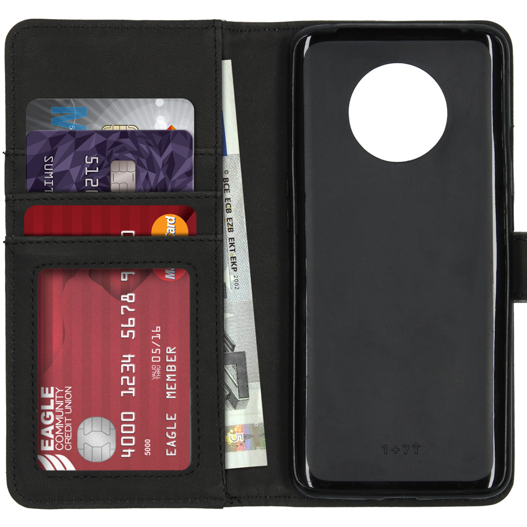 Black phone case with credit card slots and a money holder. Opened, showing cards and cash inside.