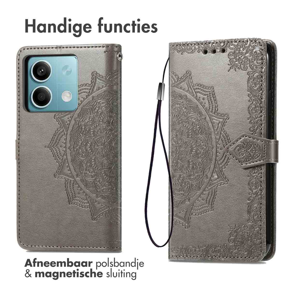 Grijs telefoonhoesje met mandala-ontwerp, tekst 'Handige functies' en afneembare polsriem.