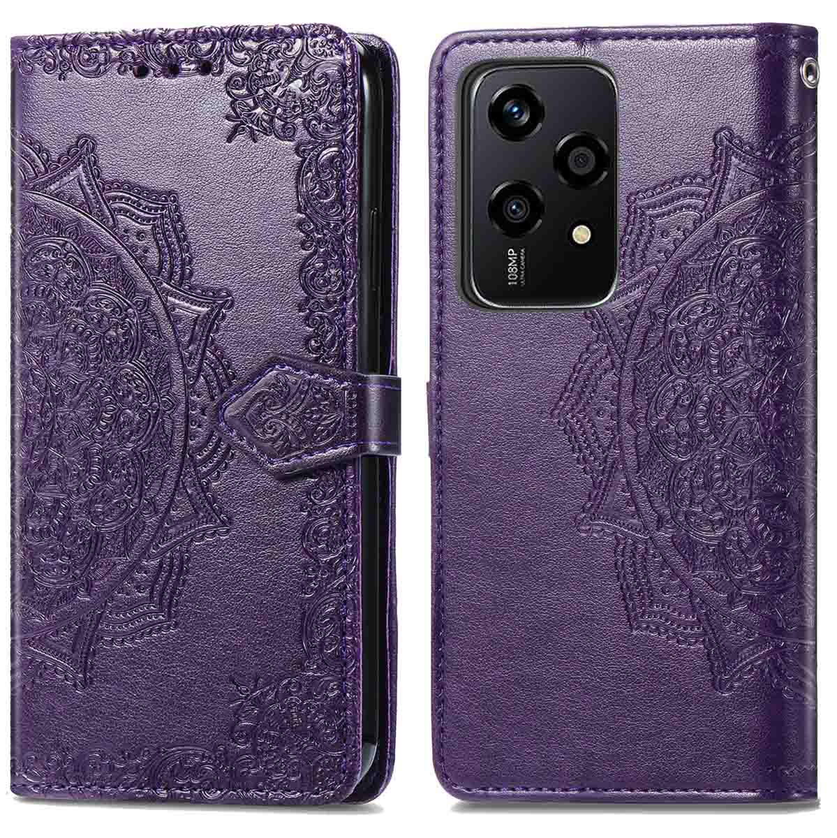 Étui de téléphone violet, avec motifs floraux, ouvert, montrant téléphone et appareil photo.
