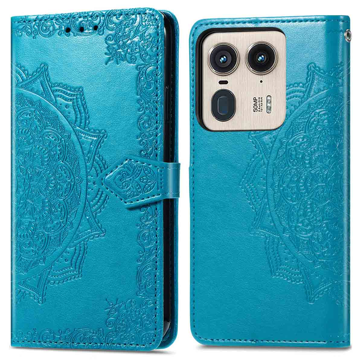 Coque de téléphone bleue ouverte, avec design mandala et montrant l'appareil photo.