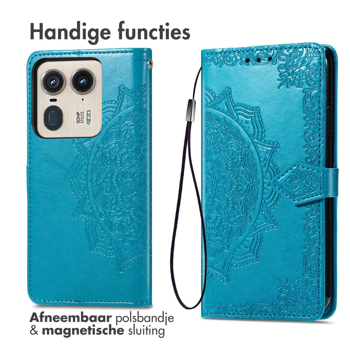 Étui de téléphone turquoise avec motif mandala, texte 'Handige functies' et dragonne amovible.