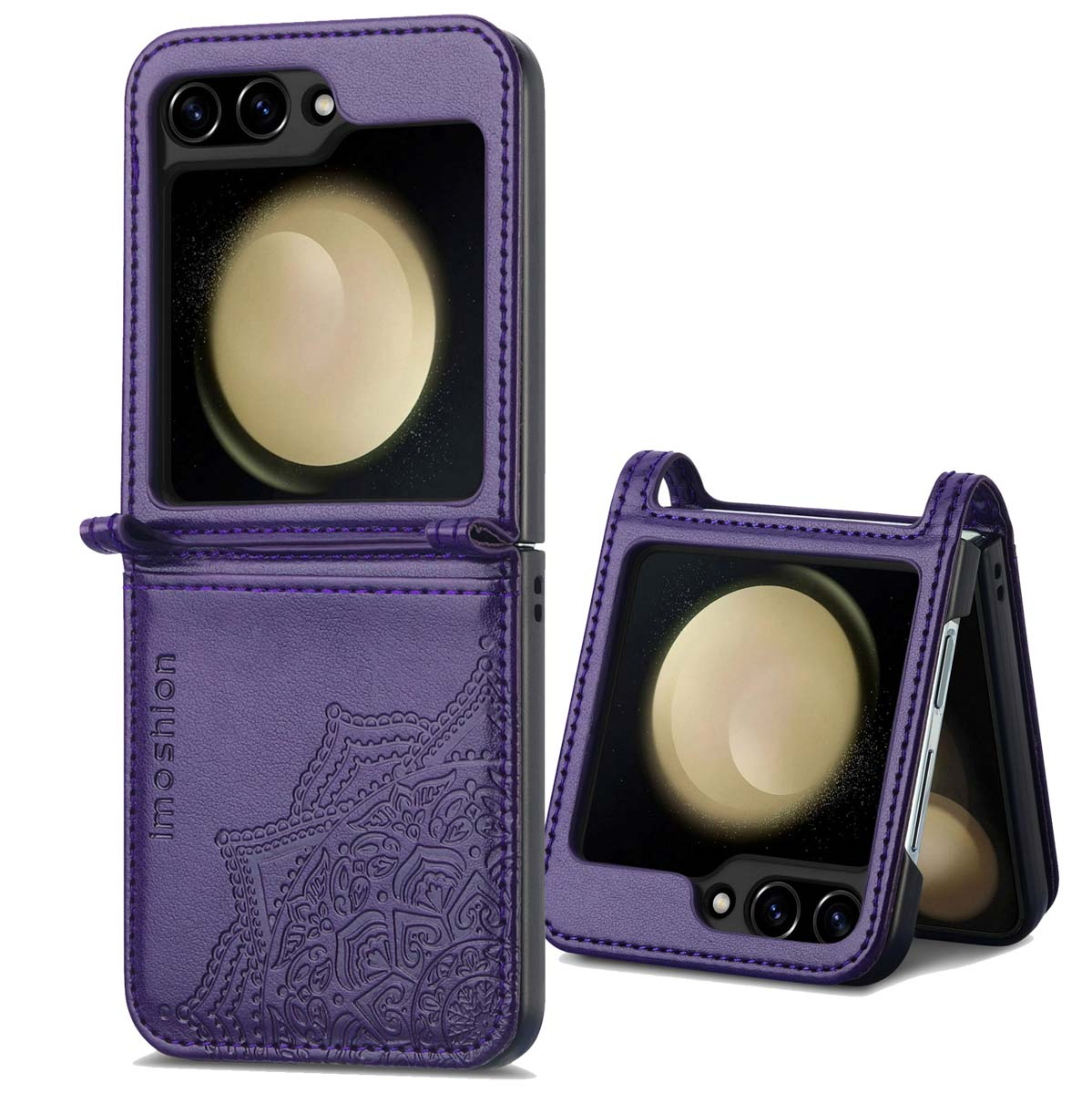 Étui de téléphone violet avec un motif mandala, ouvert. Il se plie pour afficher un téléphone.
