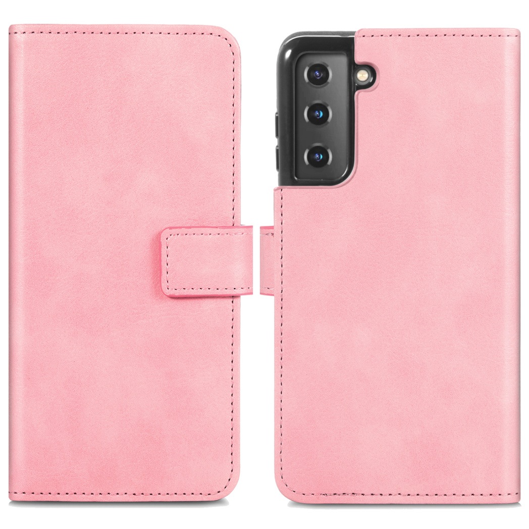 Étui de téléphone rose, ouvert, le téléphone est visible. L'étui a une fermeture magnétique.