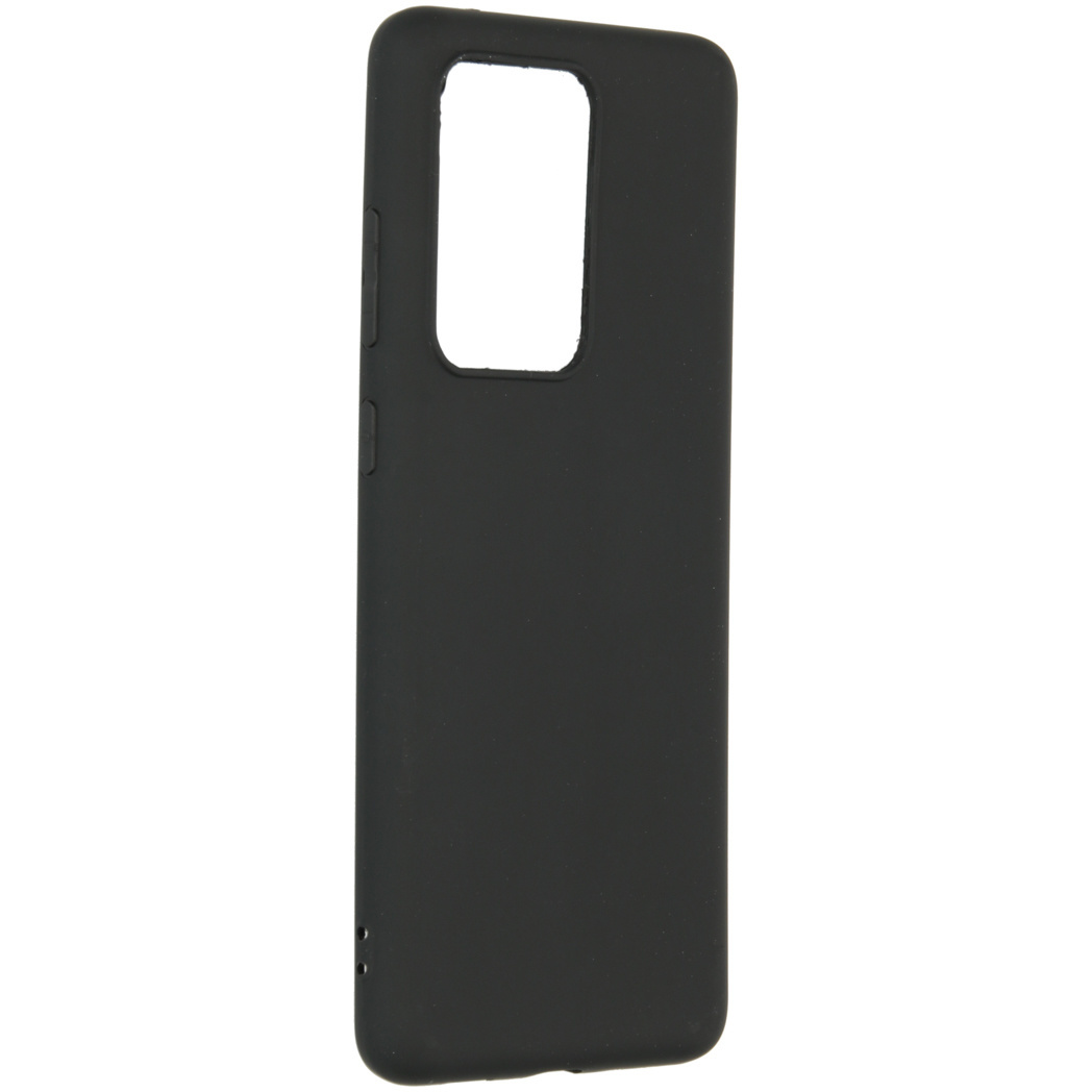Zwarte telefoonhoes. De hoes heeft een opening voor de camera.