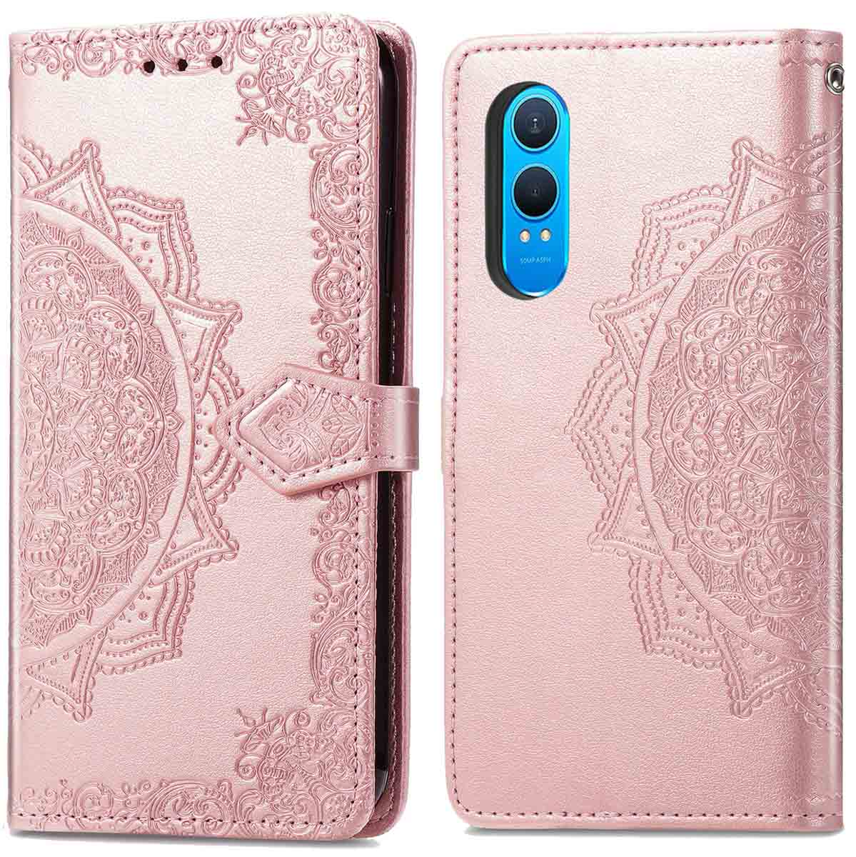 Étui de téléphone rose, ouvert, avec un motif de mandala. Le téléphone est visible. Fermeture magnétique.