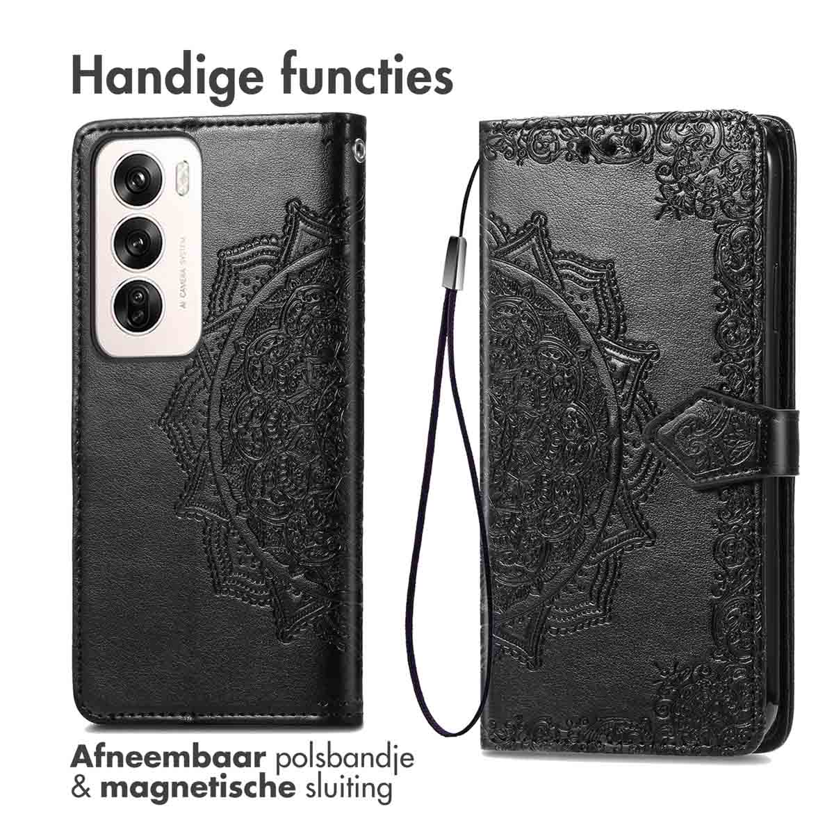 Étui de téléphone noir avec motif en relief. Dragonne et fermeture magnétique. Téléphone avec caméras visibles.