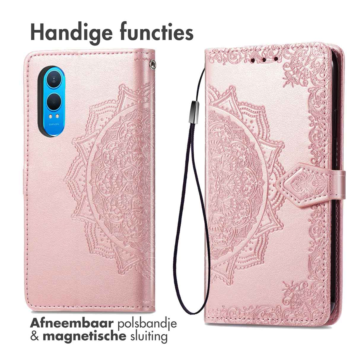 Étui rose avec motif mandala, dragonne amovible et fermeture magnétique.