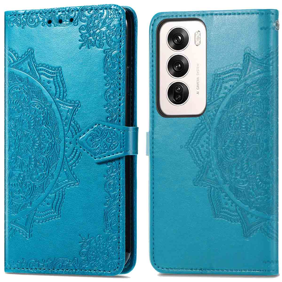 Étui bleu ouvert, avec motif mandala. Téléphone visible. En cuir.