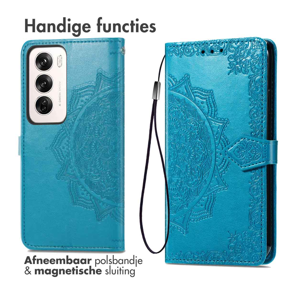 Coque de téléphone turquoise, ouverte. Motif mandala. Avec dragonne.
