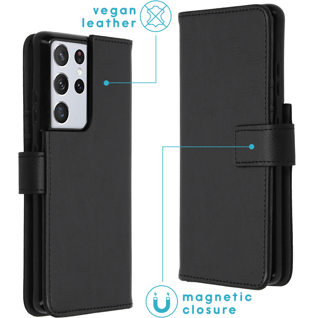 Étui de téléphone en cuir végétal noir, avec fermeture magnétique. Comprend un téléphone et un symbole de cuir végétal.
