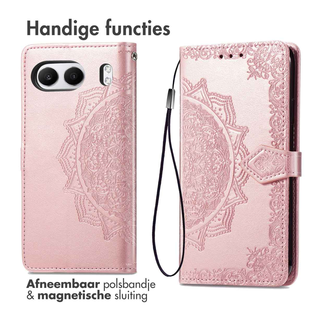 Custodia per telefono rosa con design mandala. Con cinturino da polso rimovibile e chiusura magnetica.
