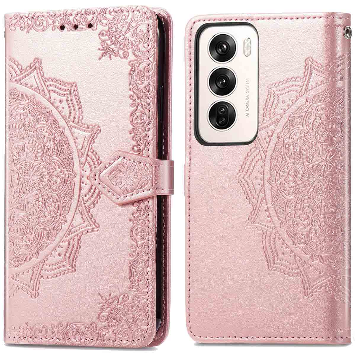 Coque de téléphone rose avec motif en relief, ouverte, montrant un téléphone.