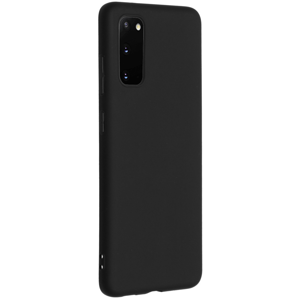 Zwarte telefoonhoes, zijaanzicht. Het heeft een camera-uitsparing en knoppen.