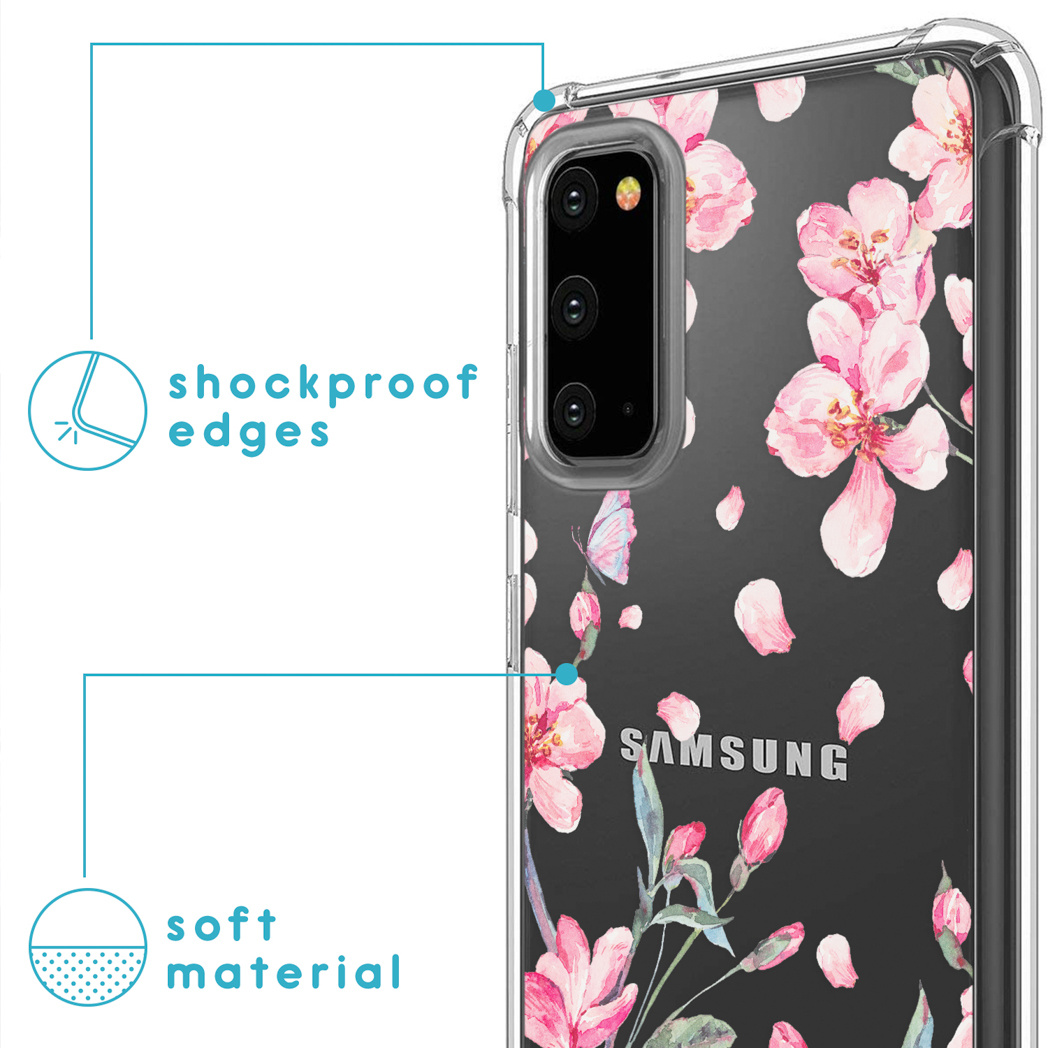 Transparante telefoonhoes met roze bloemenontwerp. Schokbestendige randen en zacht materiaal zichtbaar.