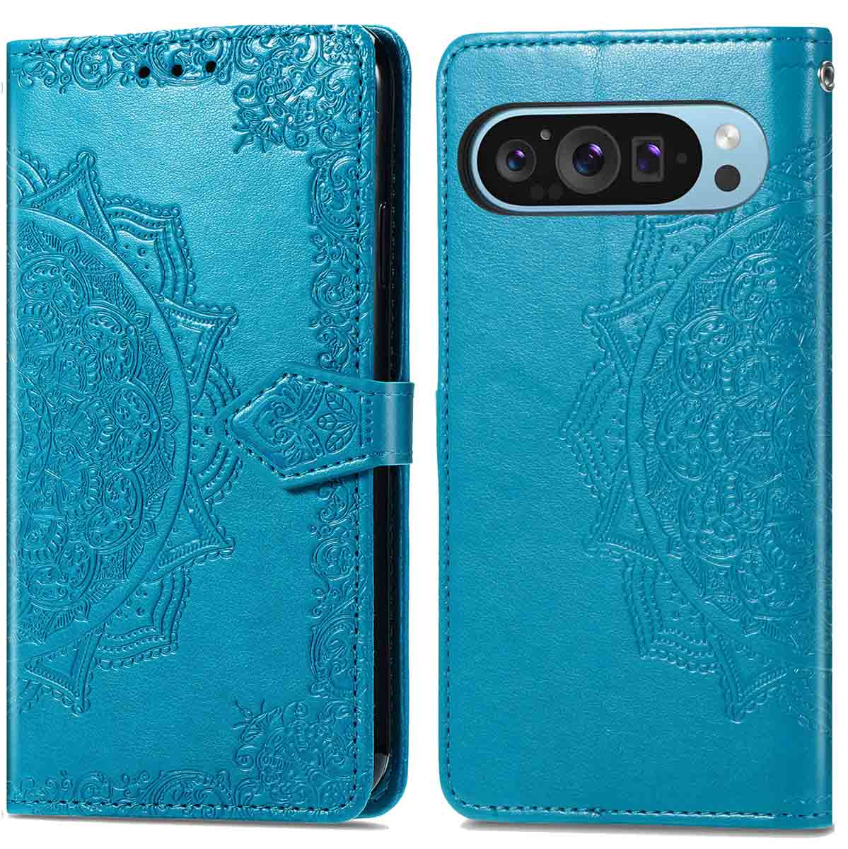 Twee blauwe telefoonhoesjes met mandala-patronen. Eén hoesje is open en toont de telefoon.